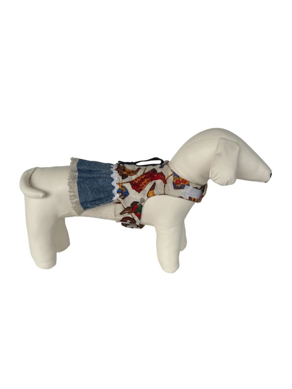 Handmade Small Dog Adjustable Dress Outfit w Harness Denim Western Boots Fringe